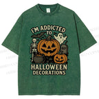 Unisex Ghost Pumpkin Addicted To Halloween Decorations Printed Washed Tee