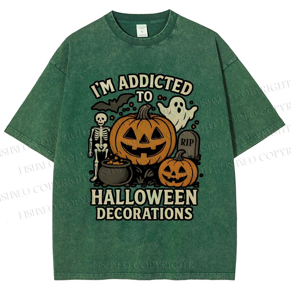 Unisex Ghost Pumpkin Addicted To Halloween Decorations Printed Washed Tee
