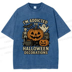 Unisex Ghost Pumpkin Addicted To Halloween Decorations Printed Washed Tee
