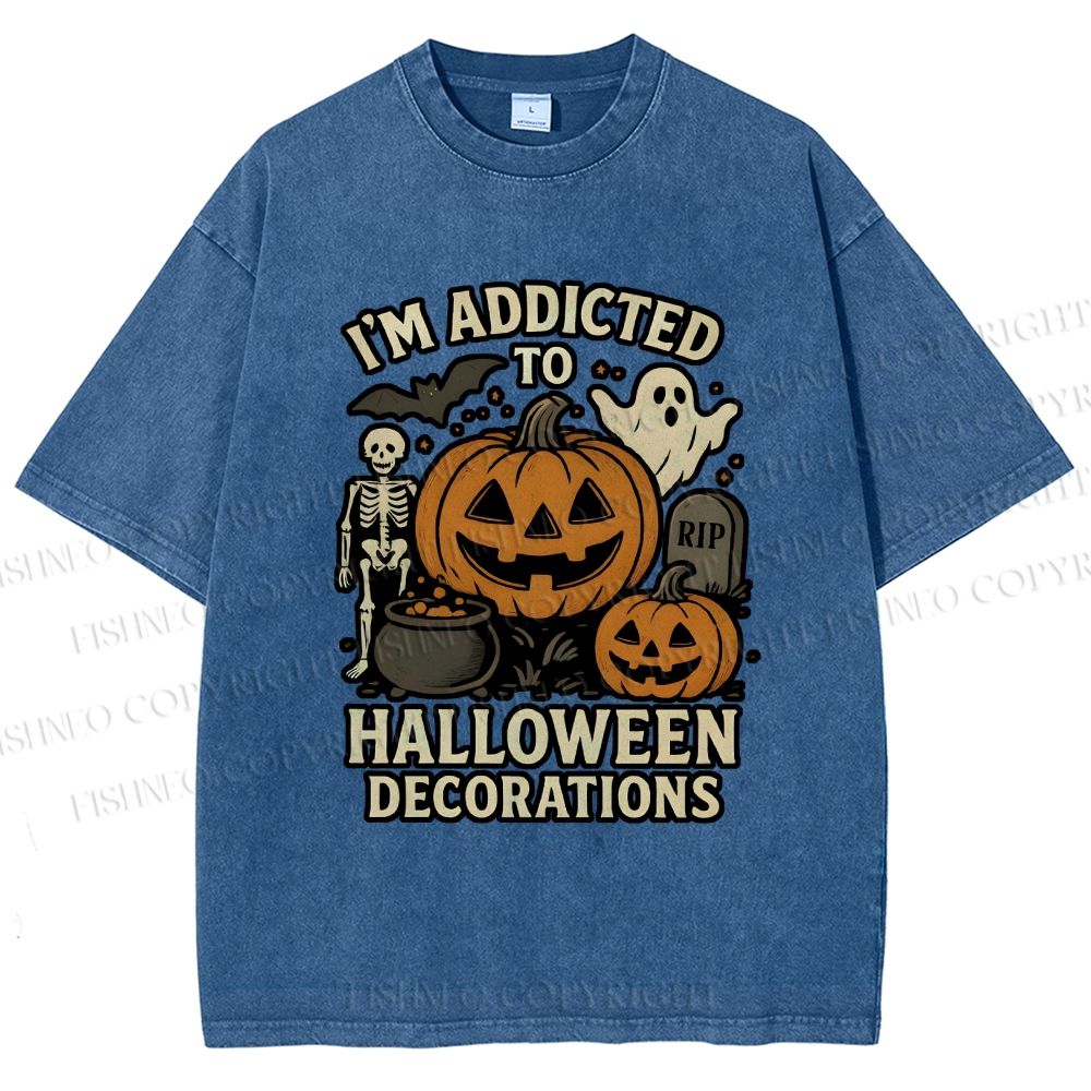 Unisex Ghost Pumpkin Addicted To Halloween Decorations Printed Washed Tee