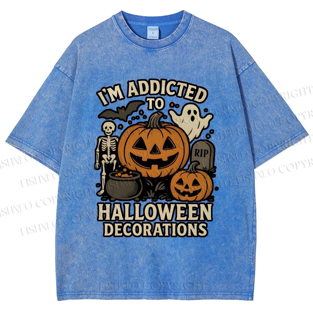 Unisex Ghost Pumpkin Addicted To Halloween Decorations Printed Washed Tee