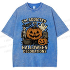 Unisex Ghost Pumpkin Addicted To Halloween Decorations Printed Washed Tee