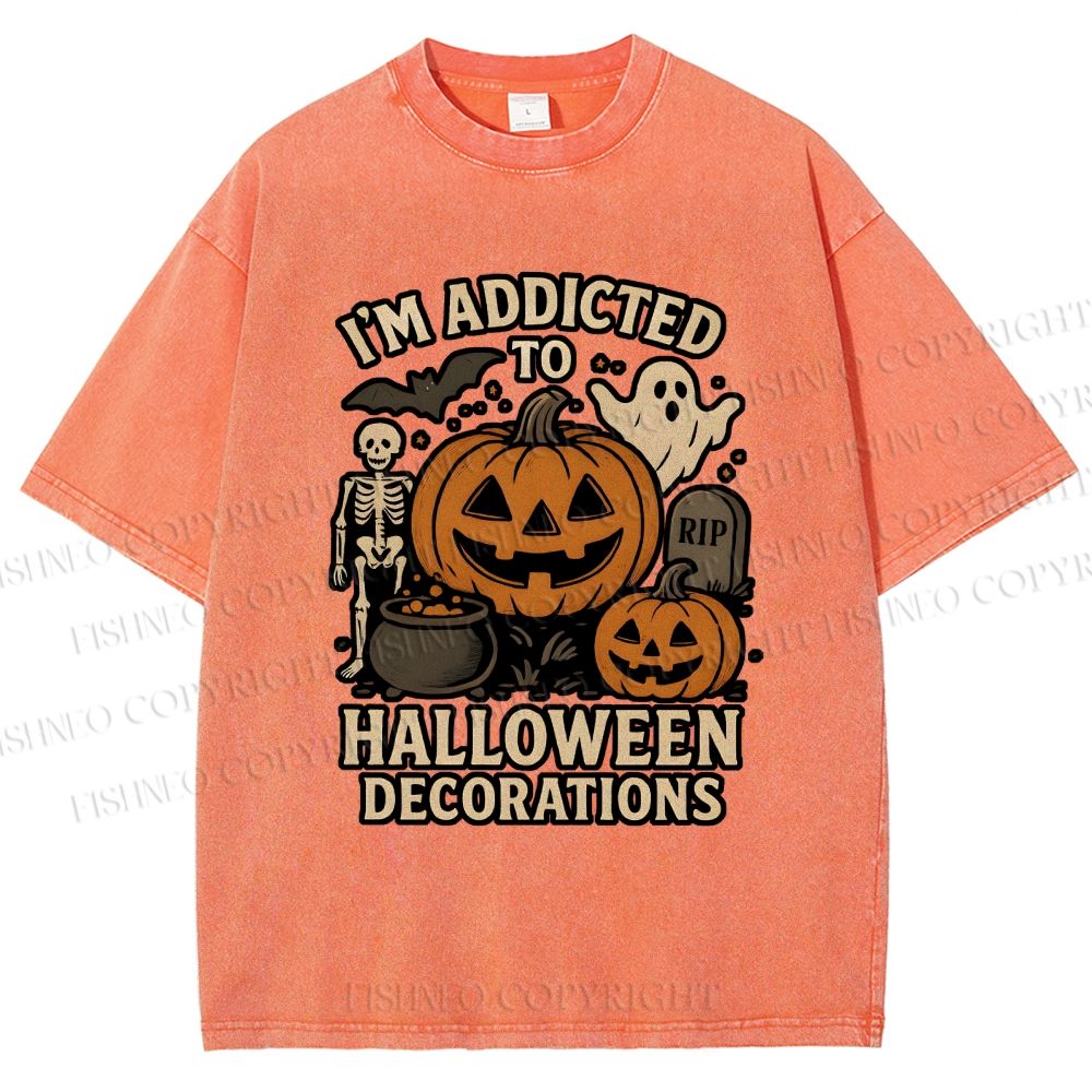 Unisex Ghost Pumpkin Addicted To Halloween Decorations Printed Washed Tee