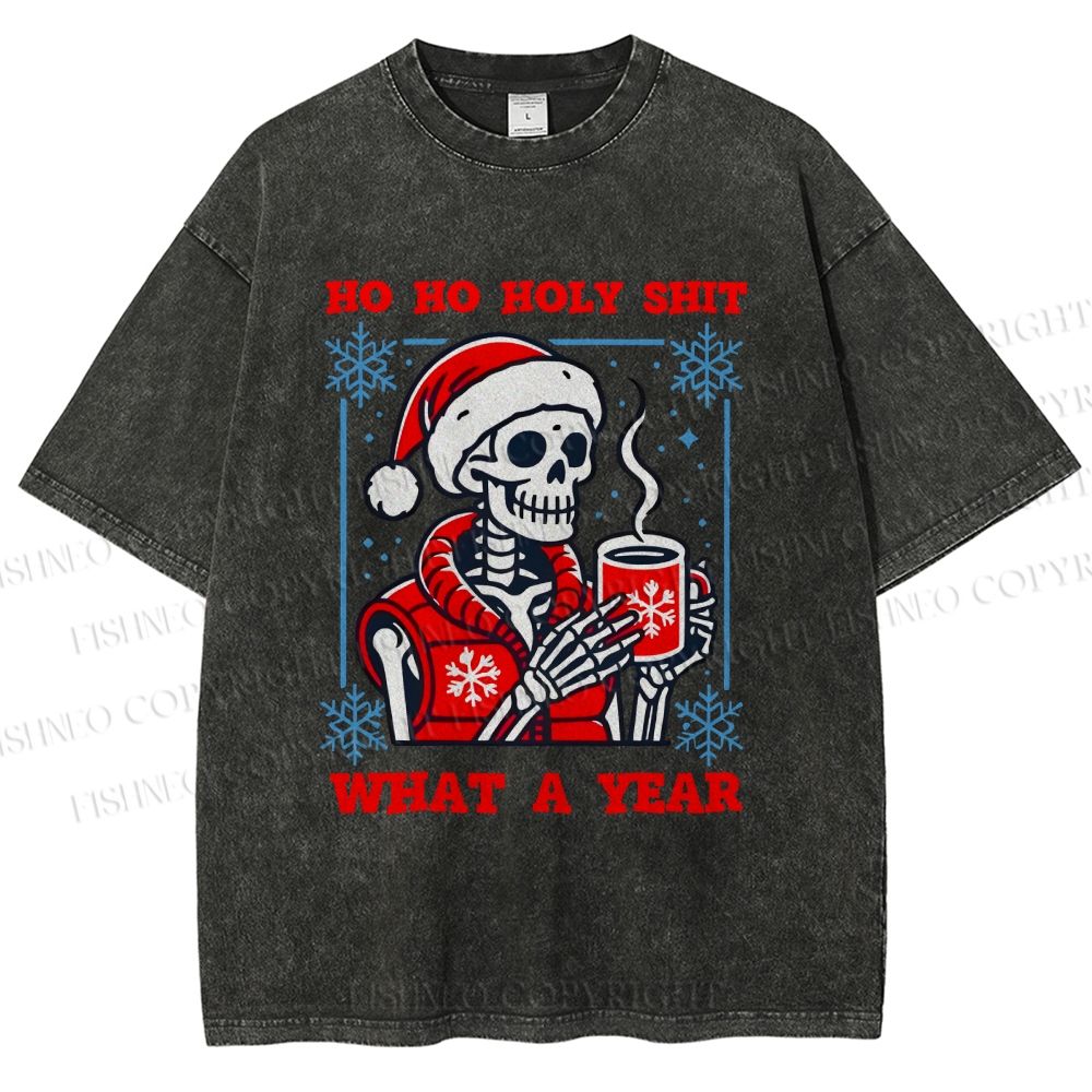 Unisex Ho Ho Holy Year Skull Santa Have Coffee Printed Washed Tee