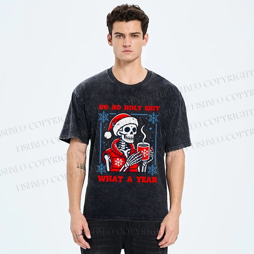 Unisex Ho Ho Holy Year Skull Santa Have Coffee Printed Washed Tee