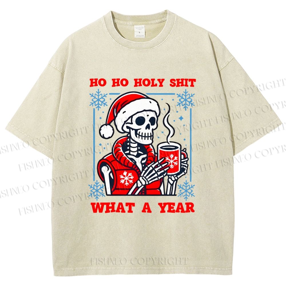 Unisex Ho Ho Holy Year Skull Santa Have Coffee Printed Washed Tee