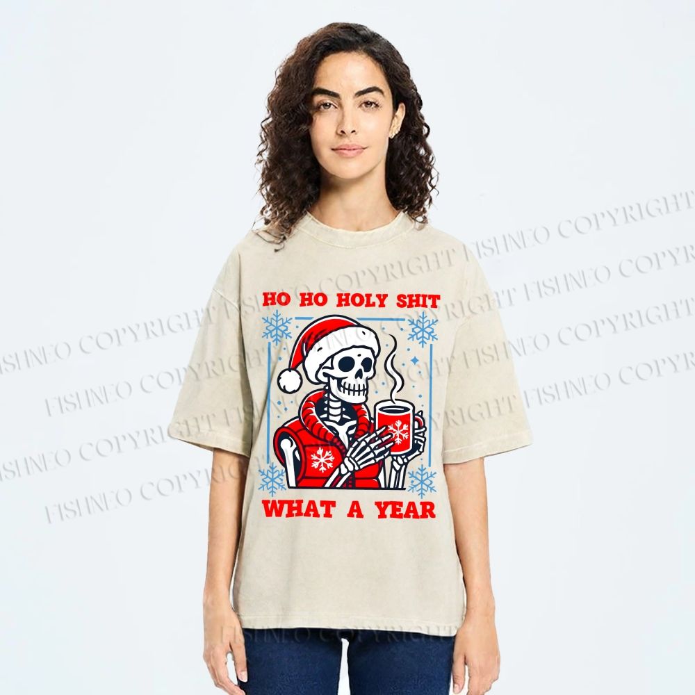 Unisex Ho Ho Holy Year Skull Santa Have Coffee Printed Washed Tee