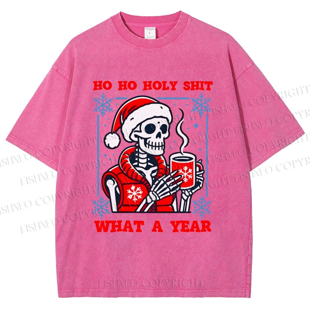 Unisex Ho Ho Holy Year Skull Santa Have Coffee Printed Washed Tee