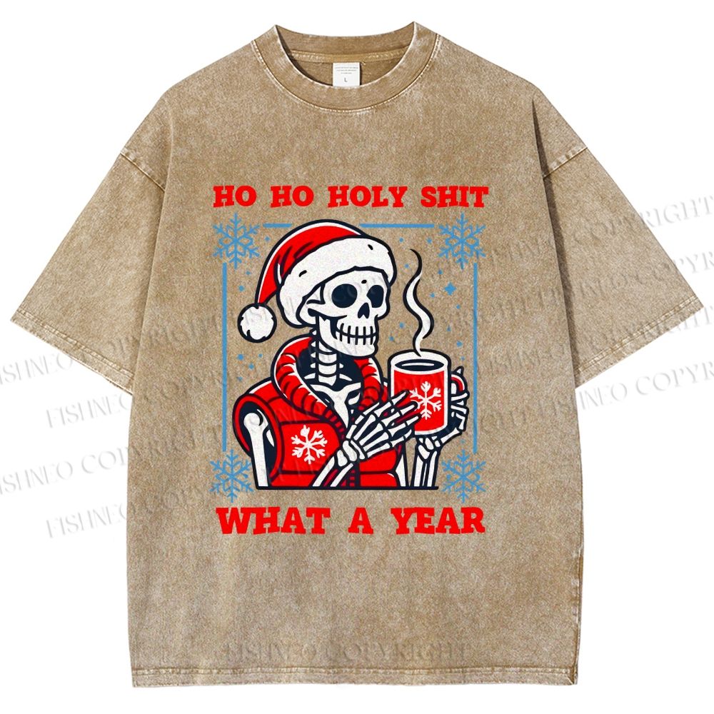 Unisex Ho Ho Holy Year Skull Santa Have Coffee Printed Washed Tee