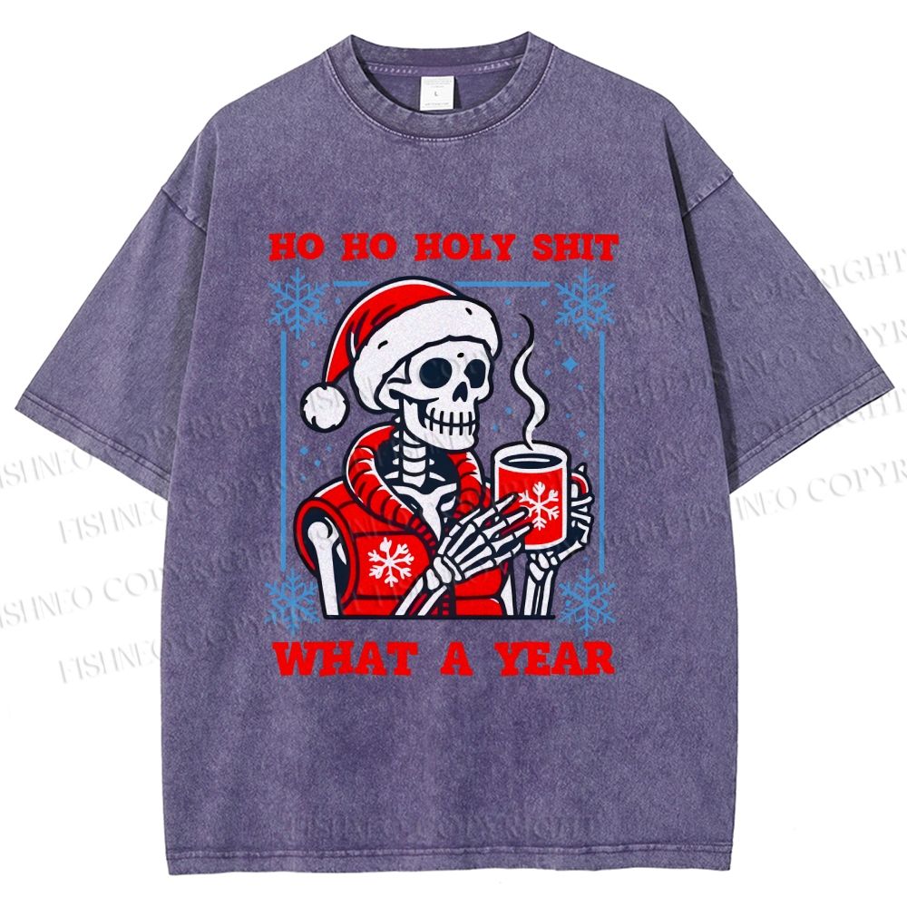 Unisex Ho Ho Holy Year Skull Santa Have Coffee Printed Washed Tee