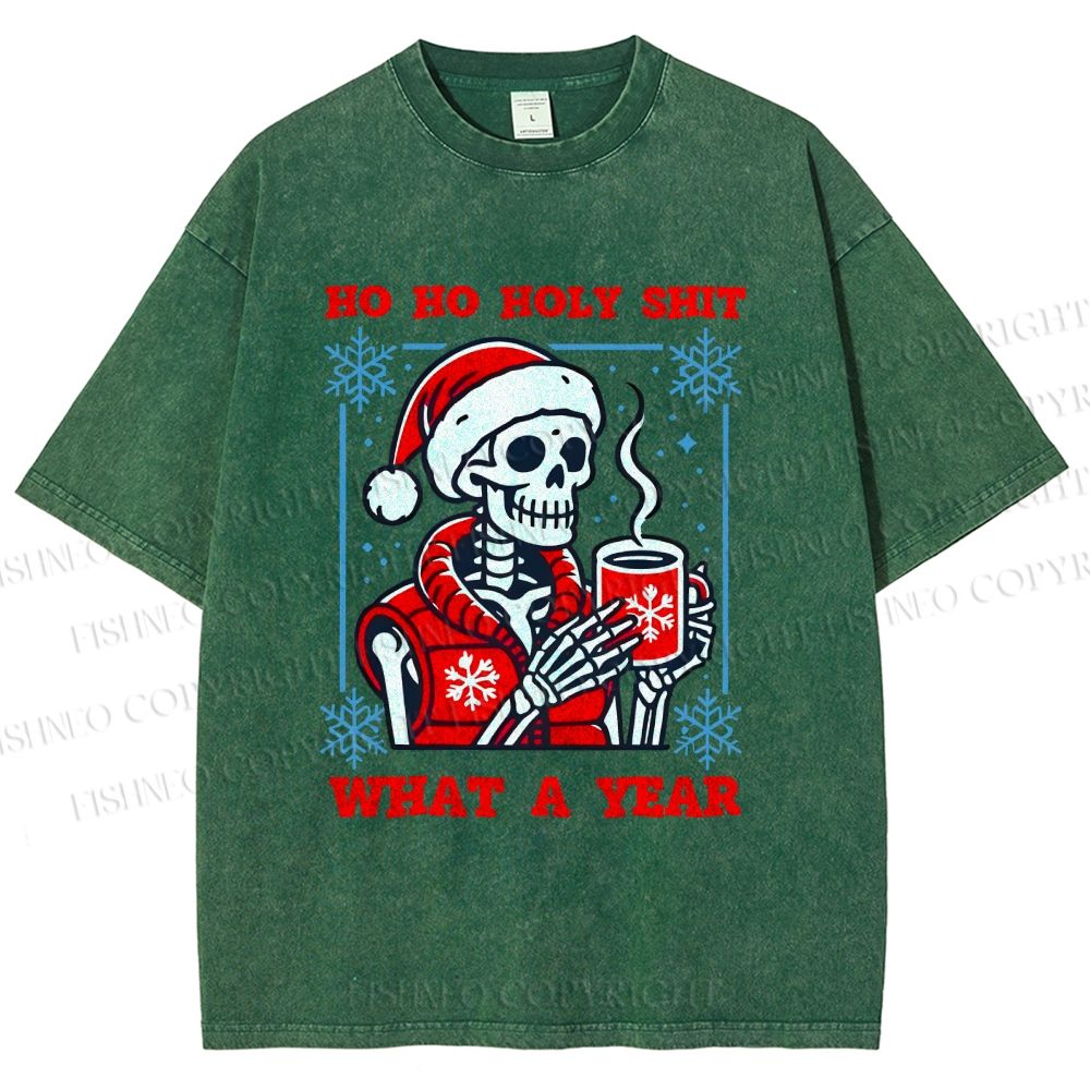Unisex Ho Ho Holy Year Skull Santa Have Coffee Printed Washed Tee