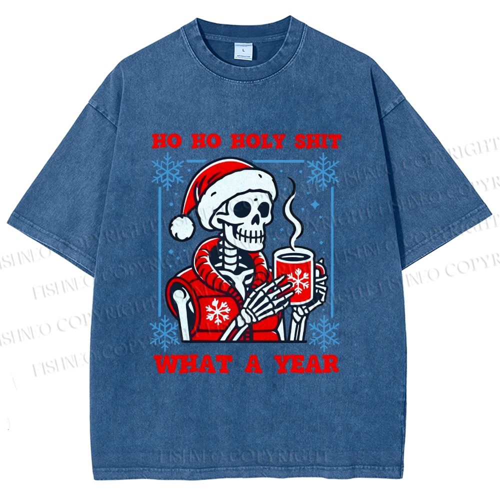 Unisex Ho Ho Holy Year Skull Santa Have Coffee Printed Washed Tee