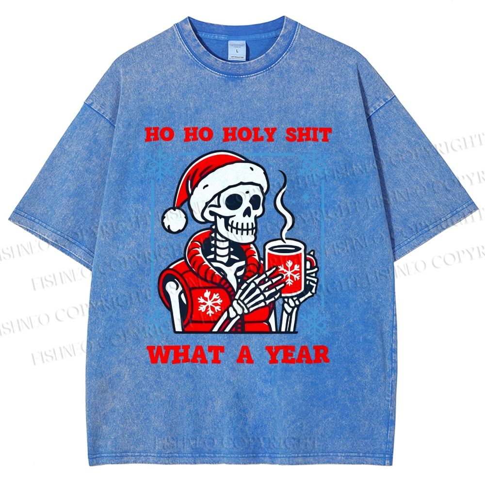 Unisex Ho Ho Holy Year Skull Santa Have Coffee Printed Washed Tee