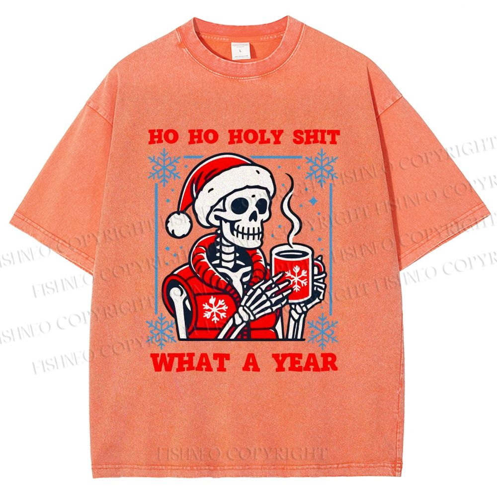 Unisex Ho Ho Holy Year Skull Santa Have Coffee Printed Washed Tee