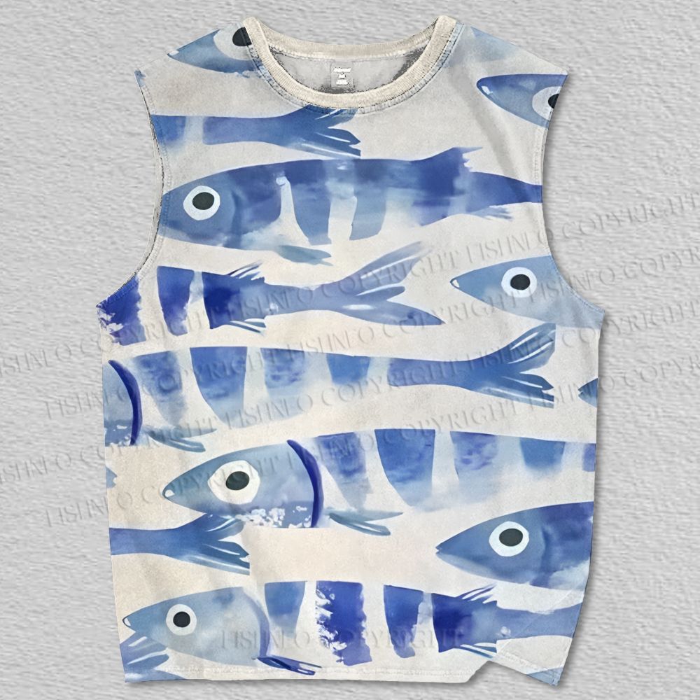 Unisex Blue Fish Printed Tank Top