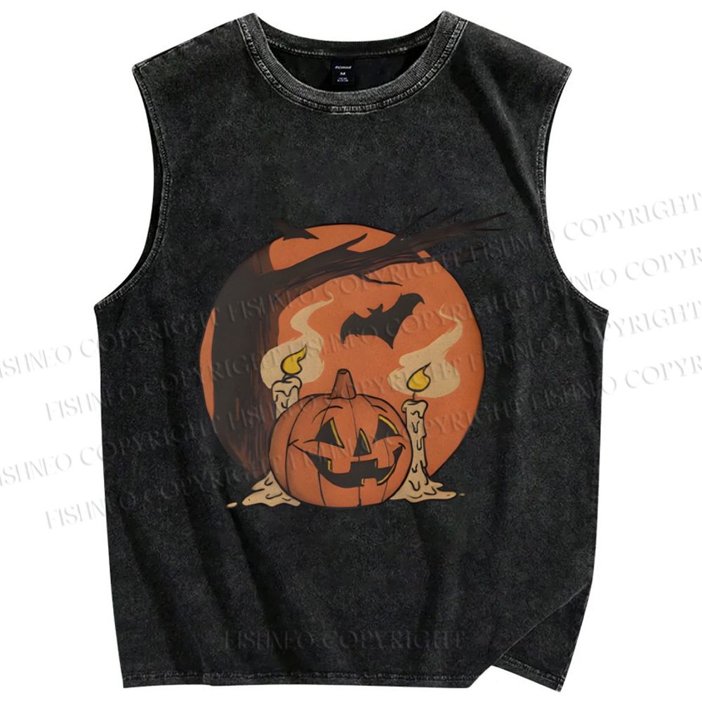 Unisex Pumpkin Halloween Light Up Candles Printed Washed Tank Top