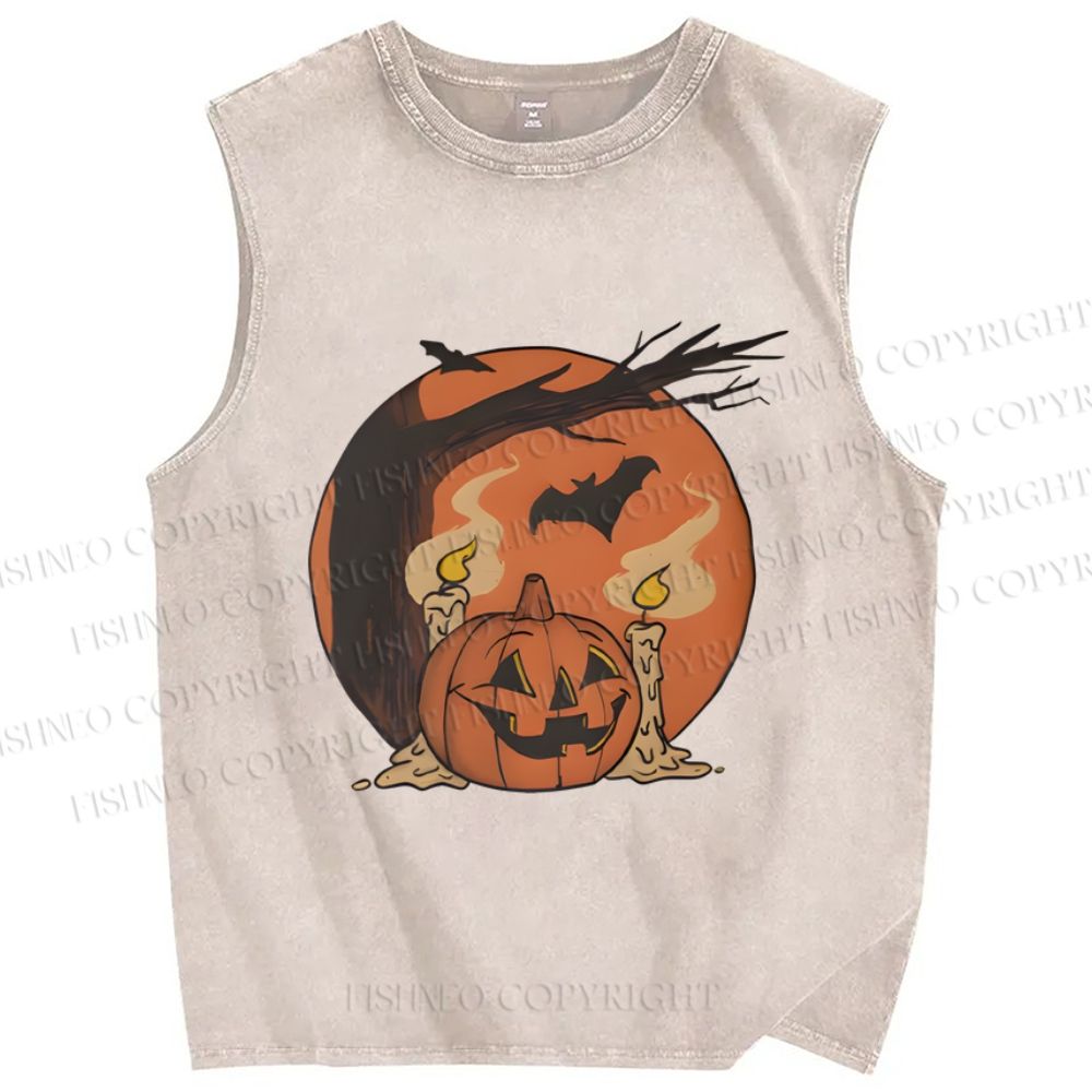 Unisex Pumpkin Halloween Light Up Candles Printed Washed Tank Top