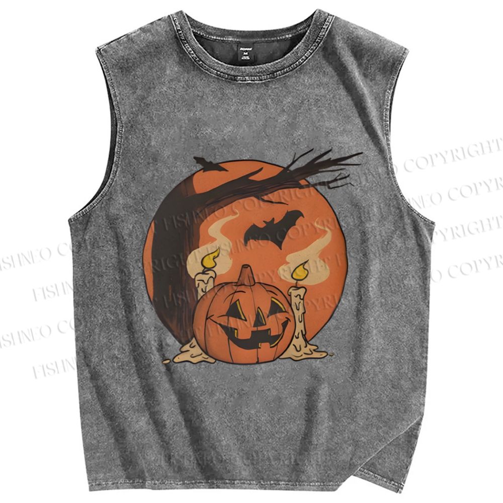 Unisex Pumpkin Halloween Light Up Candles Printed Washed Tank Top