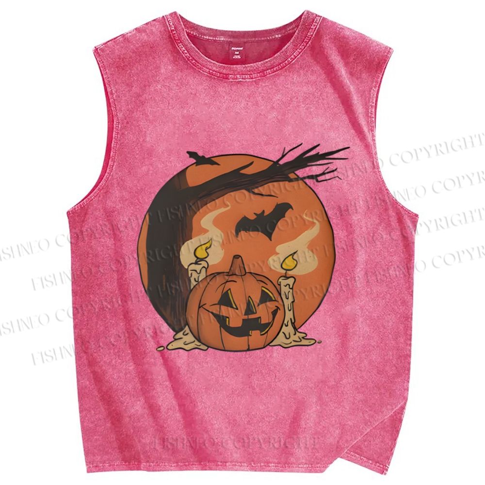 Unisex Pumpkin Halloween Light Up Candles Printed Washed Tank Top