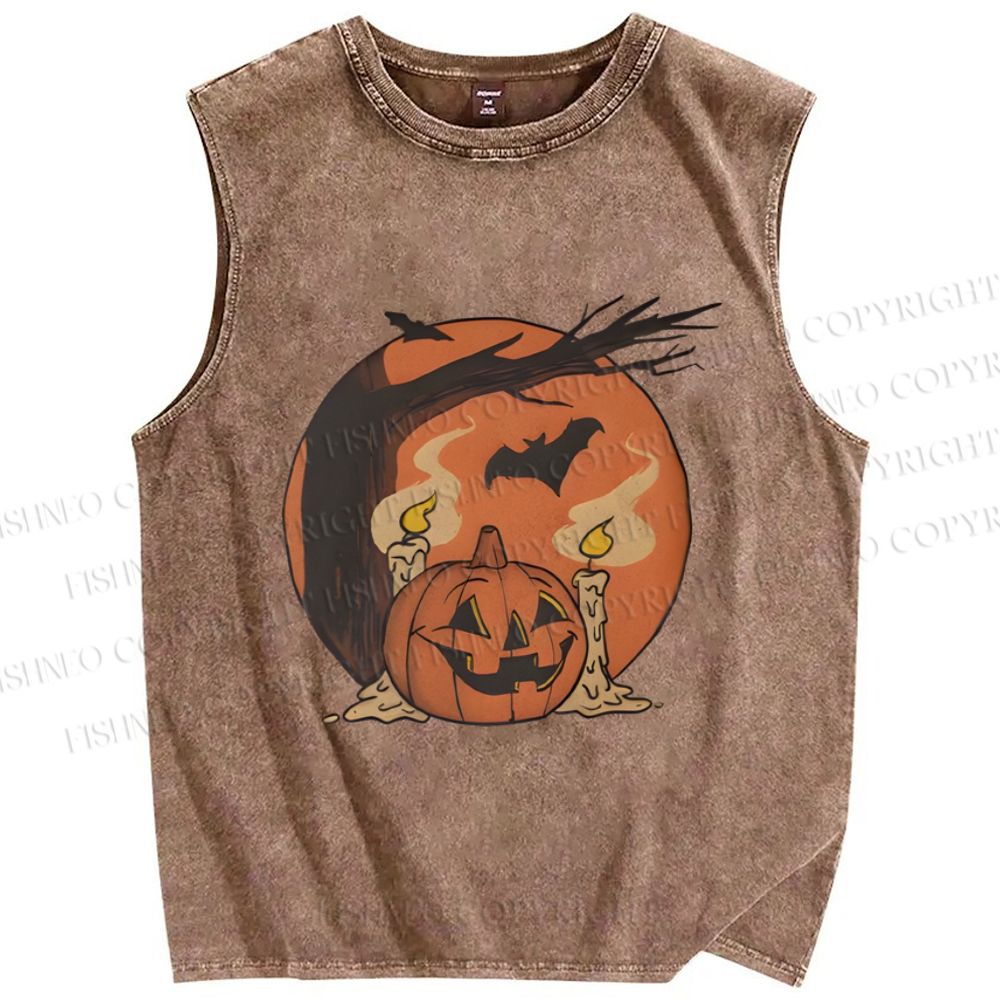 Unisex Pumpkin Halloween Light Up Candles Printed Washed Tank Top