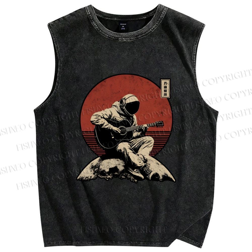 Unisex Astronaut Play Guitar Alone Printed Washed Tank Top