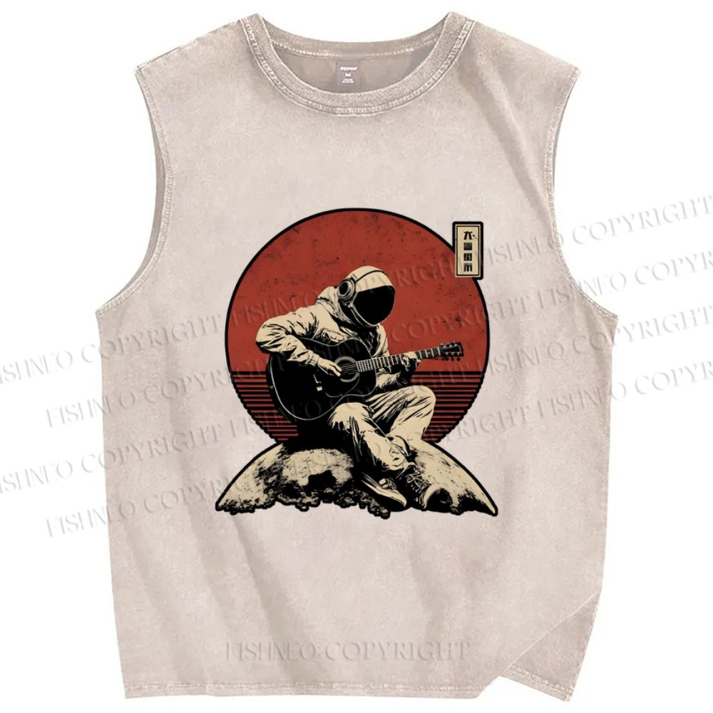 Unisex Astronaut Play Guitar Alone Printed Washed Tank Top