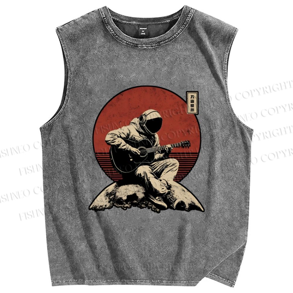 Unisex Astronaut Play Guitar Alone Printed Washed Tank Top
