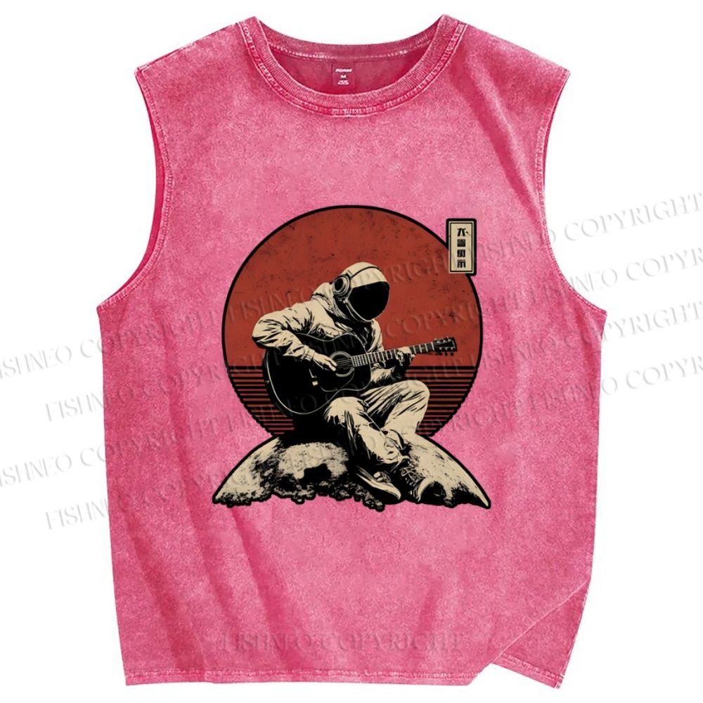 Unisex Astronaut Play Guitar Alone Printed Washed Tank Top