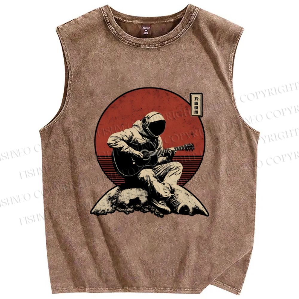 Unisex Astronaut Play Guitar Alone Printed Washed Tank Top