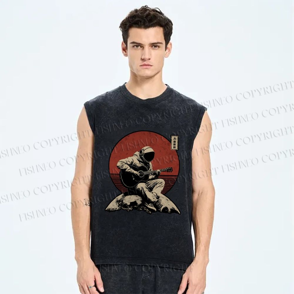 Unisex Astronaut Play Guitar Alone Printed Washed Tank Top
