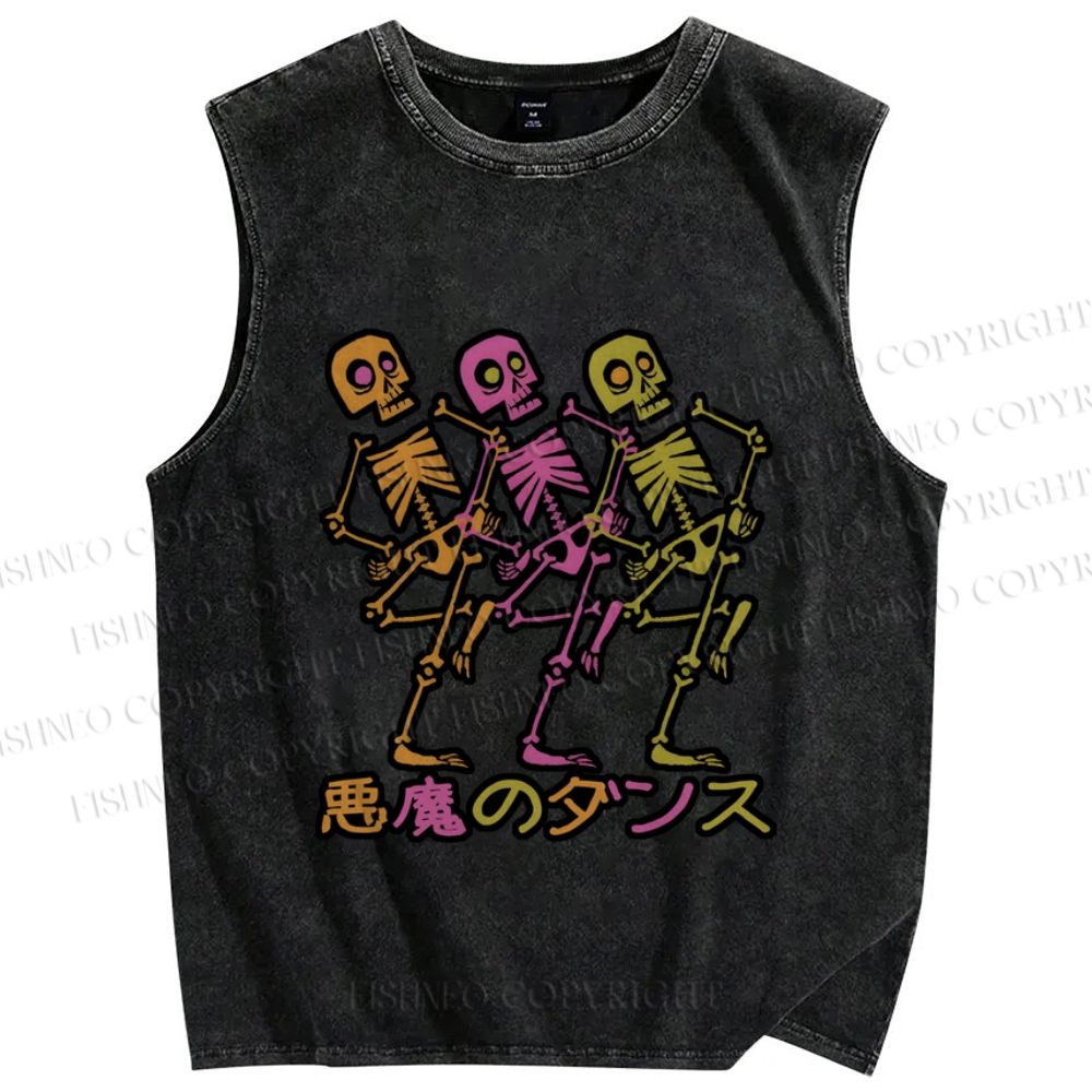 Unisex Skull Dancing Japanese Printed Washed Tank Top