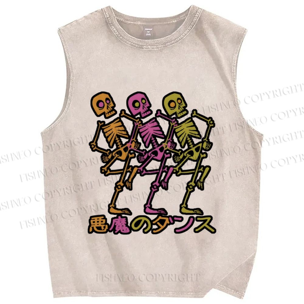 Unisex Skull Dancing Japanese Printed Washed Tank Top