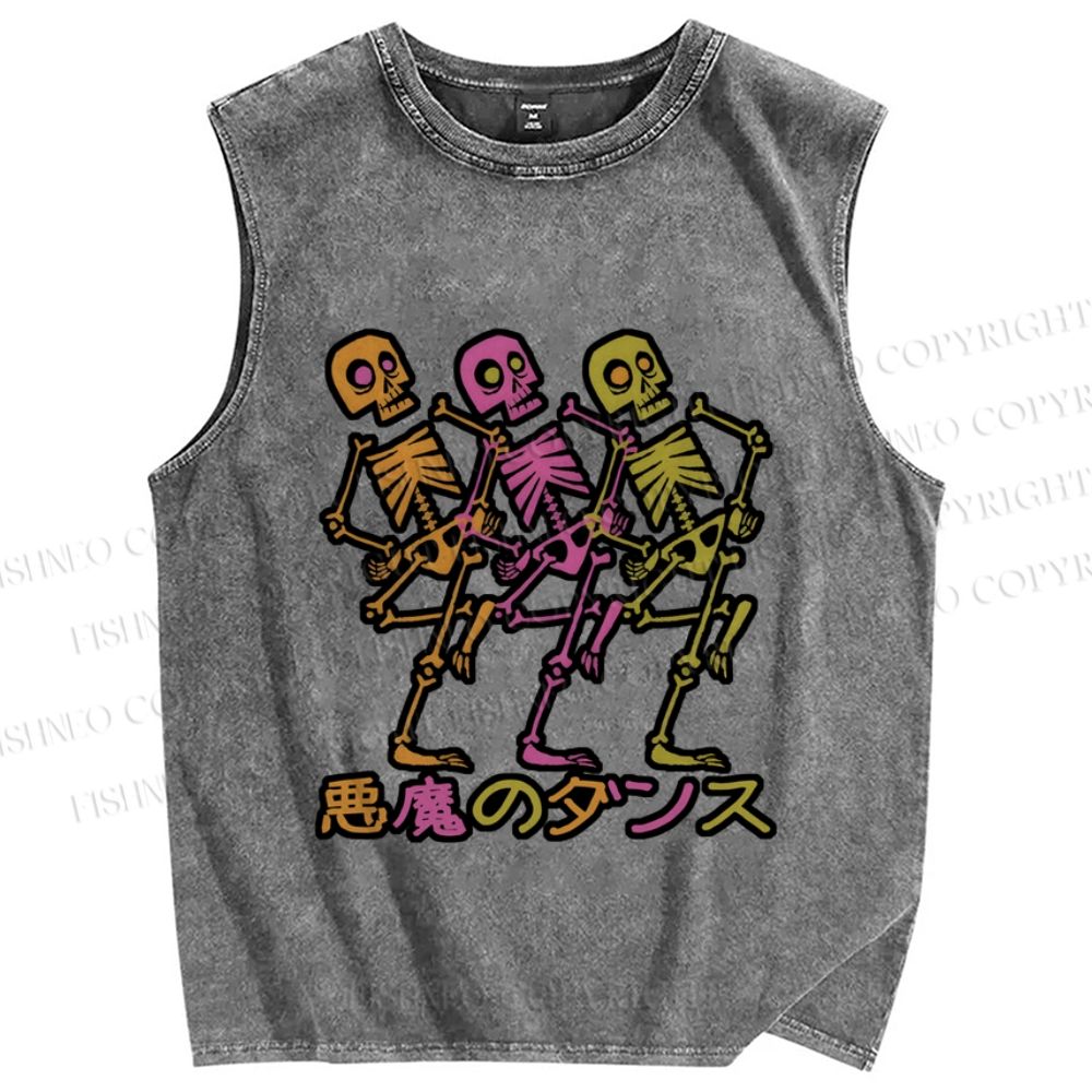 Unisex Skull Dancing Japanese Printed Washed Tank Top