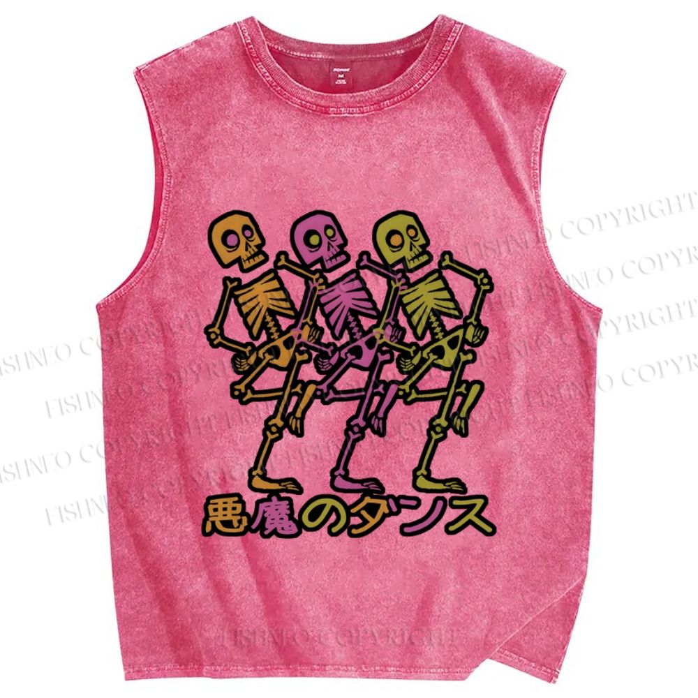 Unisex Skull Dancing Japanese Printed Washed Tank Top