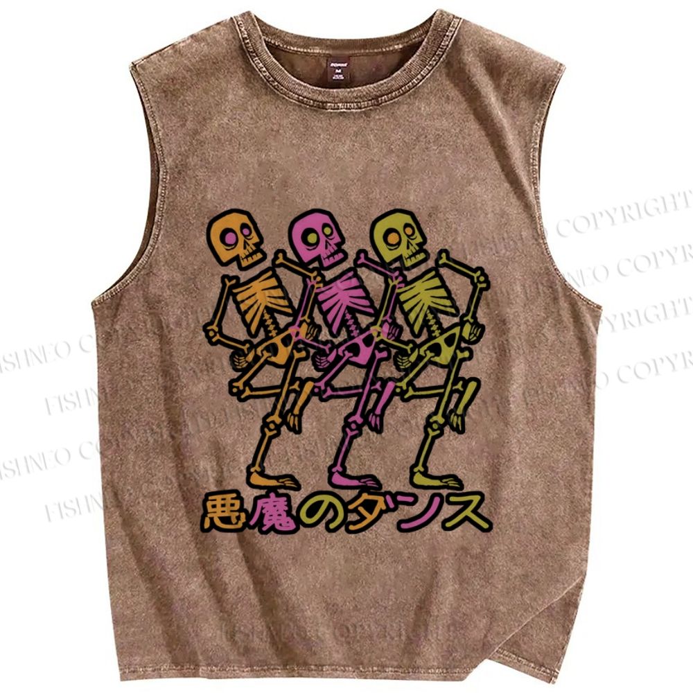 Unisex Skull Dancing Japanese Printed Washed Tank Top