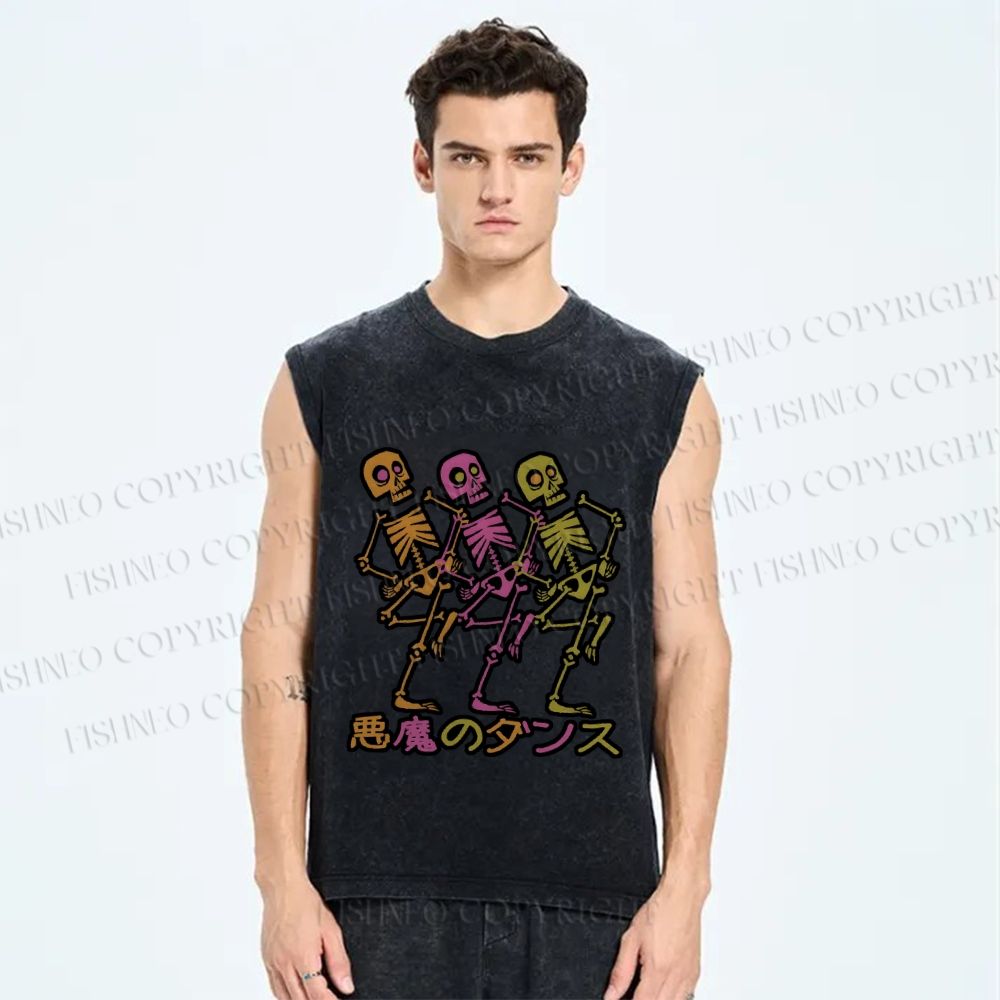 Unisex Skull Dancing Japanese Printed Washed Tank Top