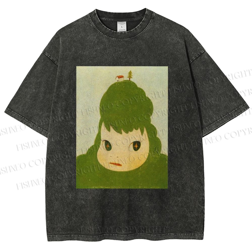 Unisex Green Yoshitomo Nara Printed Washed Tee