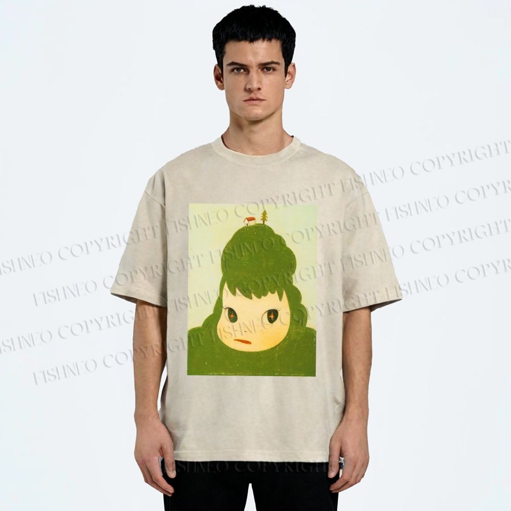 Unisex Green Yoshitomo Nara Printed Washed Tee