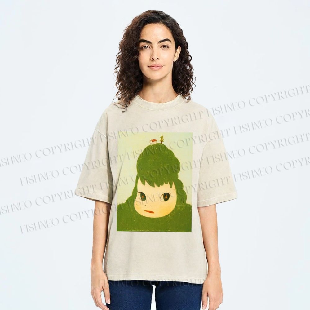 Unisex Green Yoshitomo Nara Printed Washed Tee