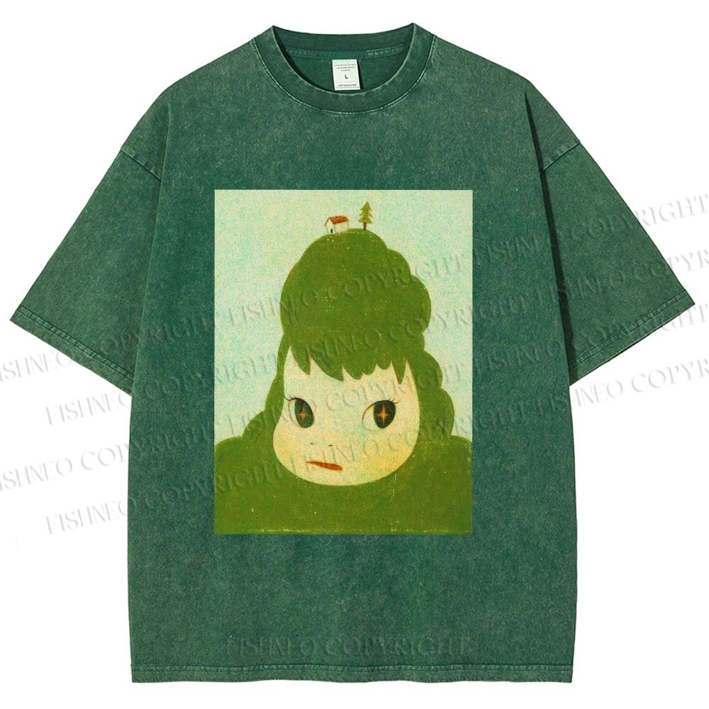 Unisex Green Yoshitomo Nara Printed Washed Tee