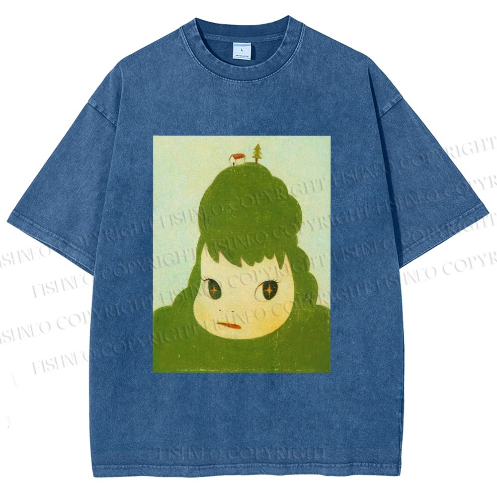 Unisex Green Yoshitomo Nara Printed Washed Tee