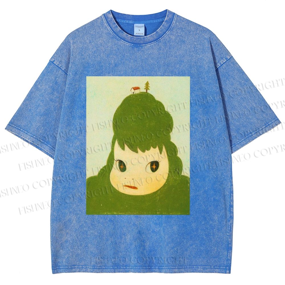 Unisex Green Yoshitomo Nara Printed Washed Tee