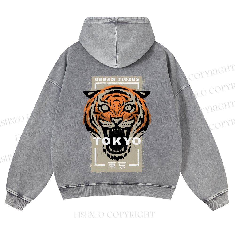 Casual Tokyo Tiger Printed Washed Hoodie