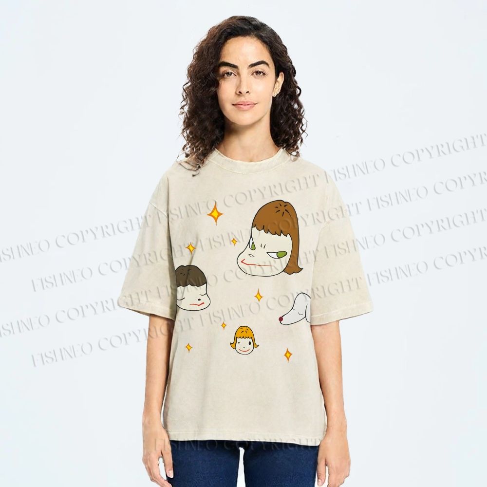 Unisex Yoshitomo Nara Dog Printed Washed Tee