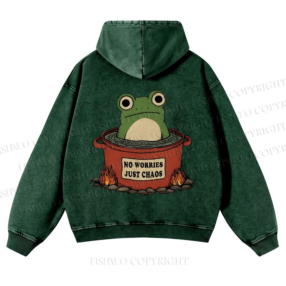 Casual Frog No Worries Just Chaos Printed Washed Hoodie