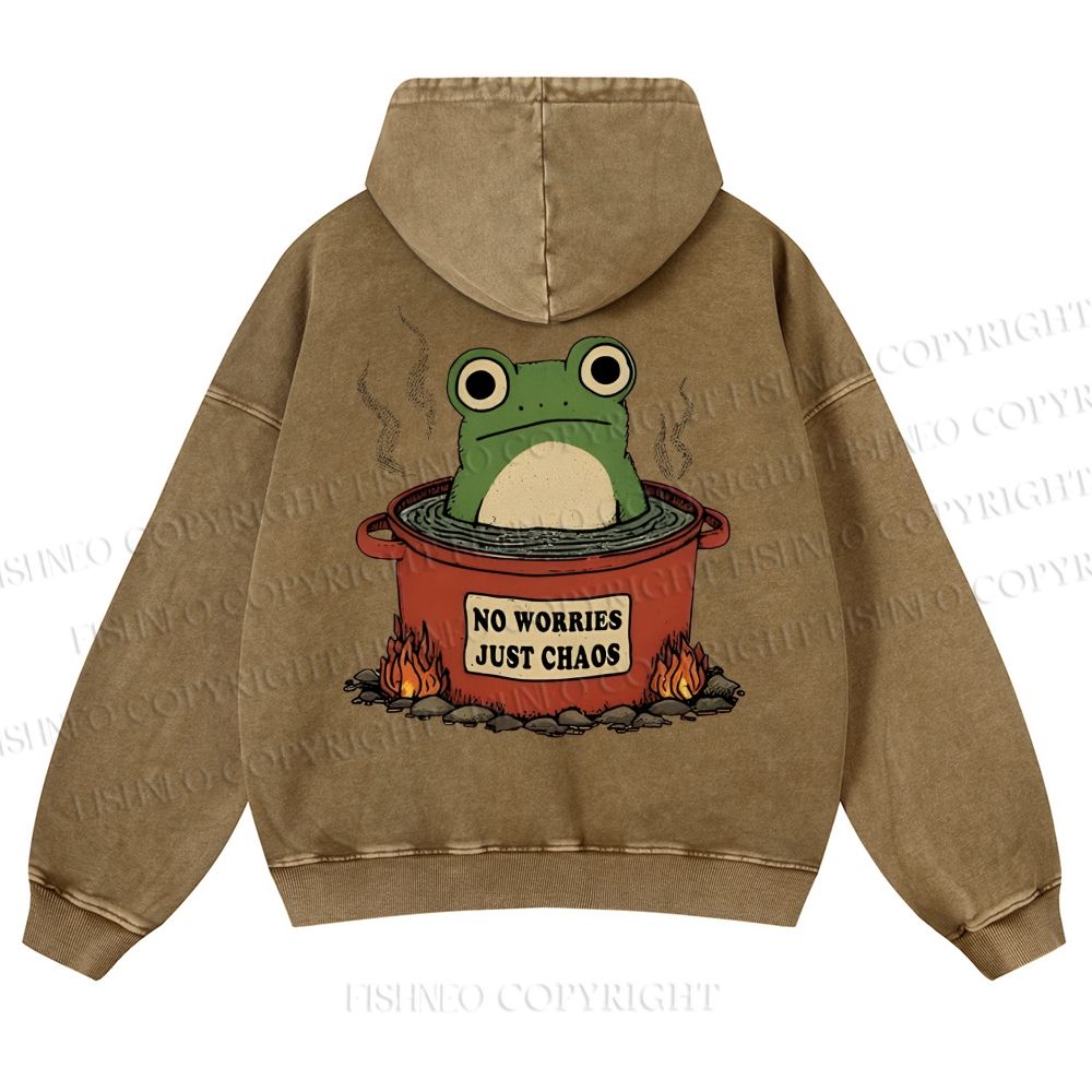 Casual Frog No Worries Just Chaos Printed Washed Hoodie