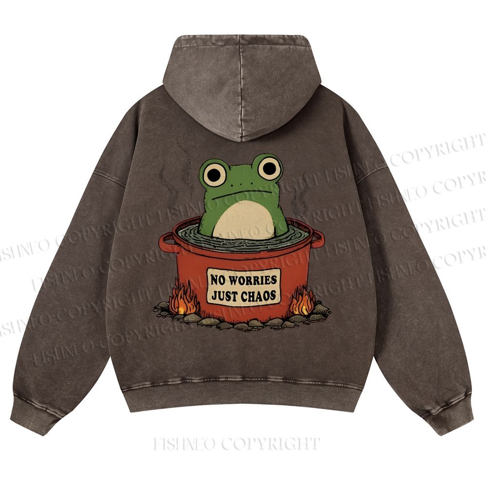 Casual Frog No Worries Just Chaos Printed Washed Hoodie