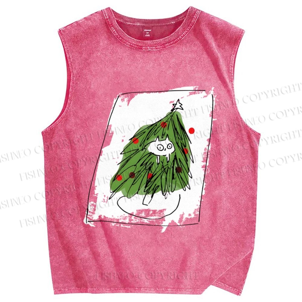 Unisex Silly Cat Stuck In Christmas Tree Printed Washed Tank Top