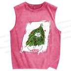 Unisex Silly Cat Stuck In Christmas Tree Printed Washed Tank Top