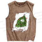 Unisex Silly Cat Stuck In Christmas Tree Printed Washed Tank Top